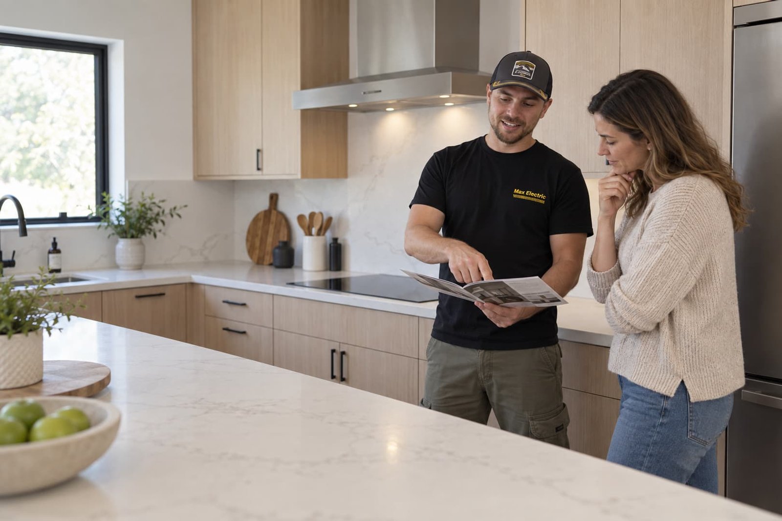 Electrician and homeowner reviewing appliance information in a kitchen