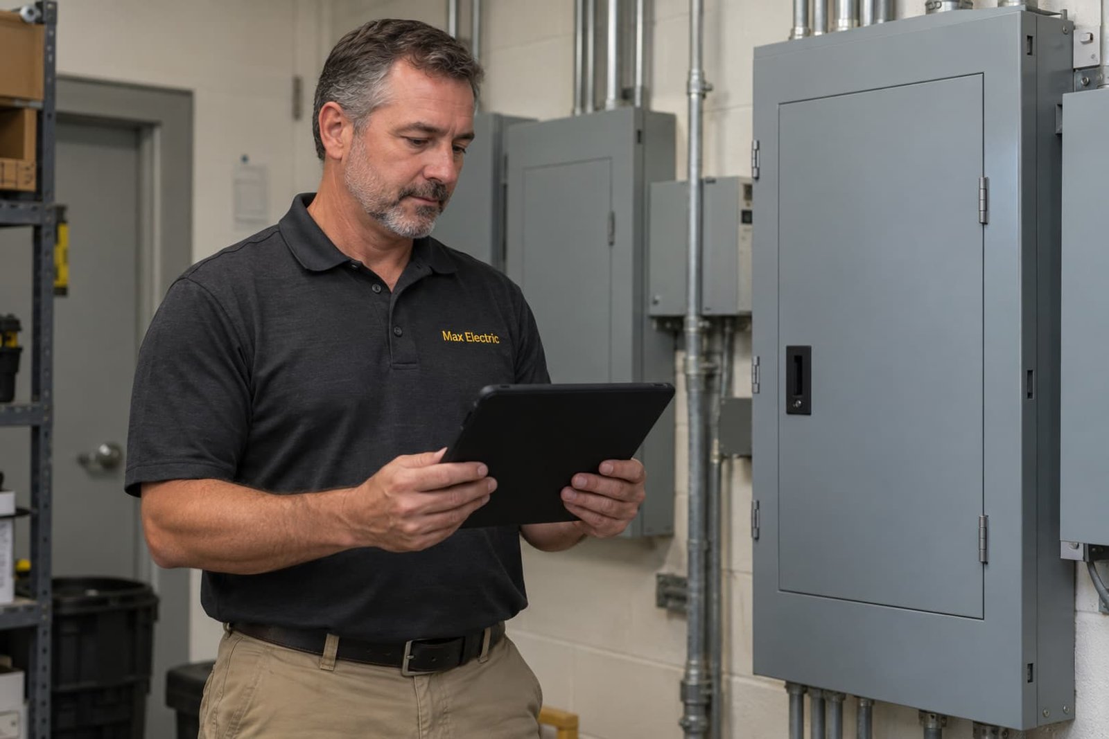 Electrician reviewing equipment information in a utility room