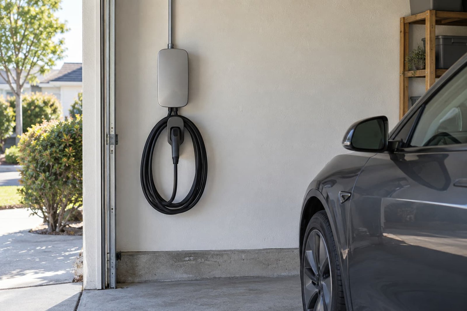 Wall mounted charging equipment beside a residential parking space