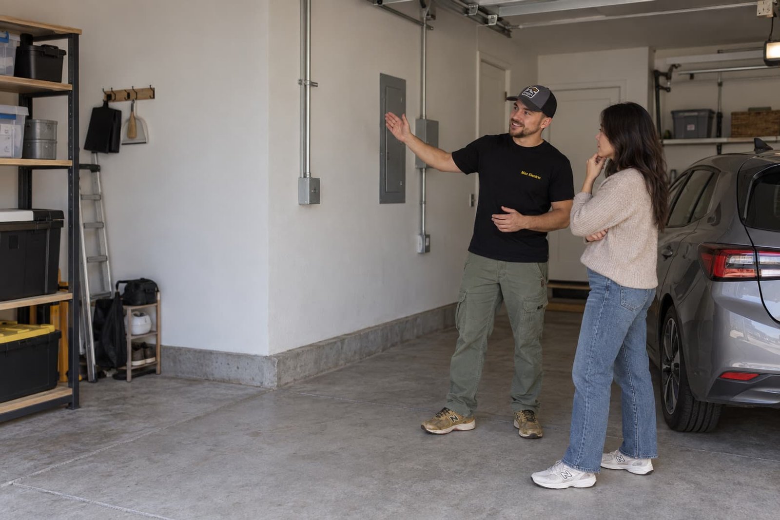 Electrician and homeowner planning an electrical installation in a garage