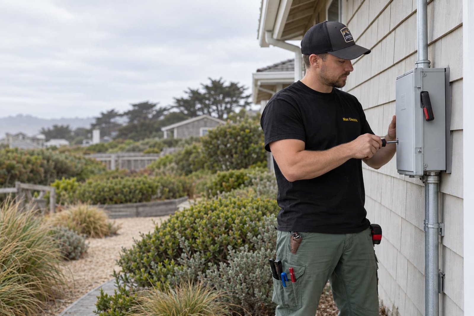 Electrician checking the cover fastener on a closed outdoor enclosure