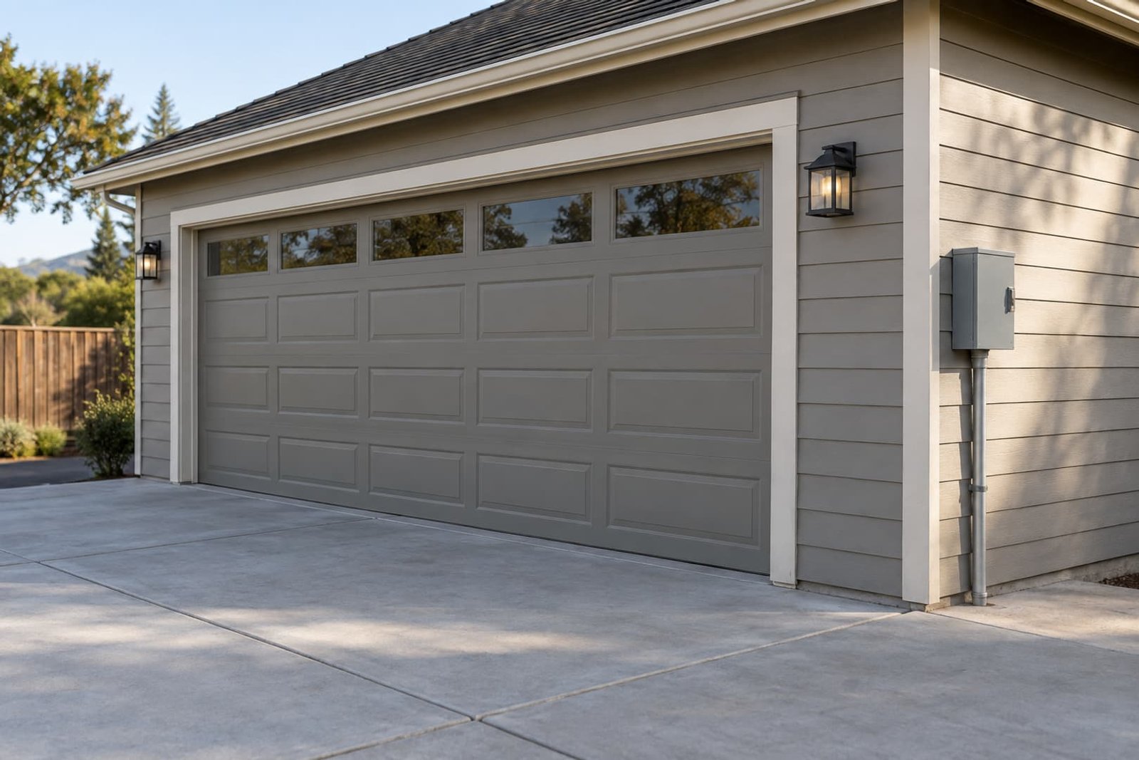 Detached garage with accessible exterior electrical equipment