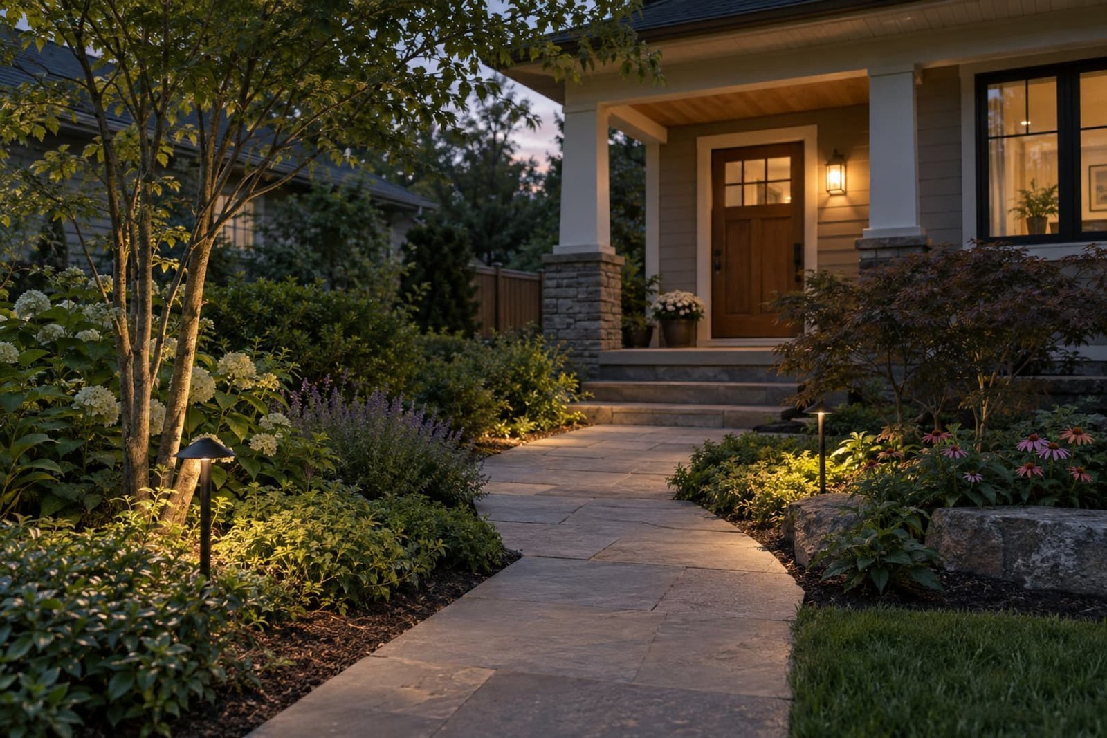 Residential pathway and porch lighting at dusk