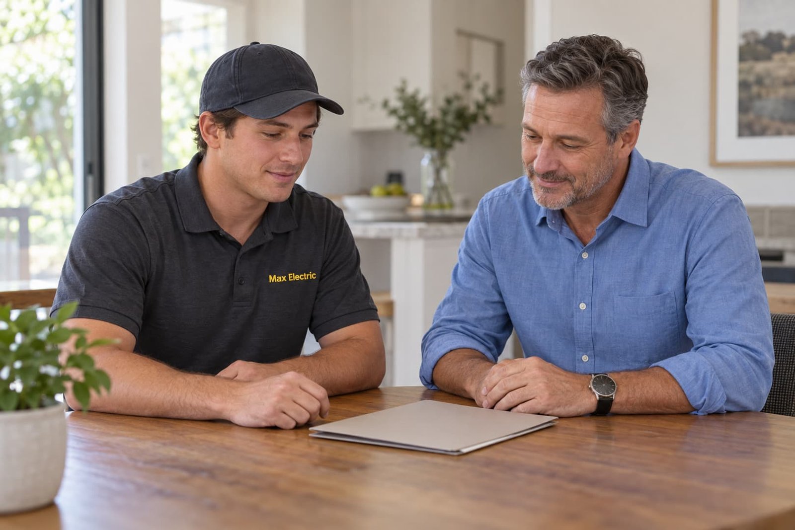 Electrician reviewing project information with a property manager