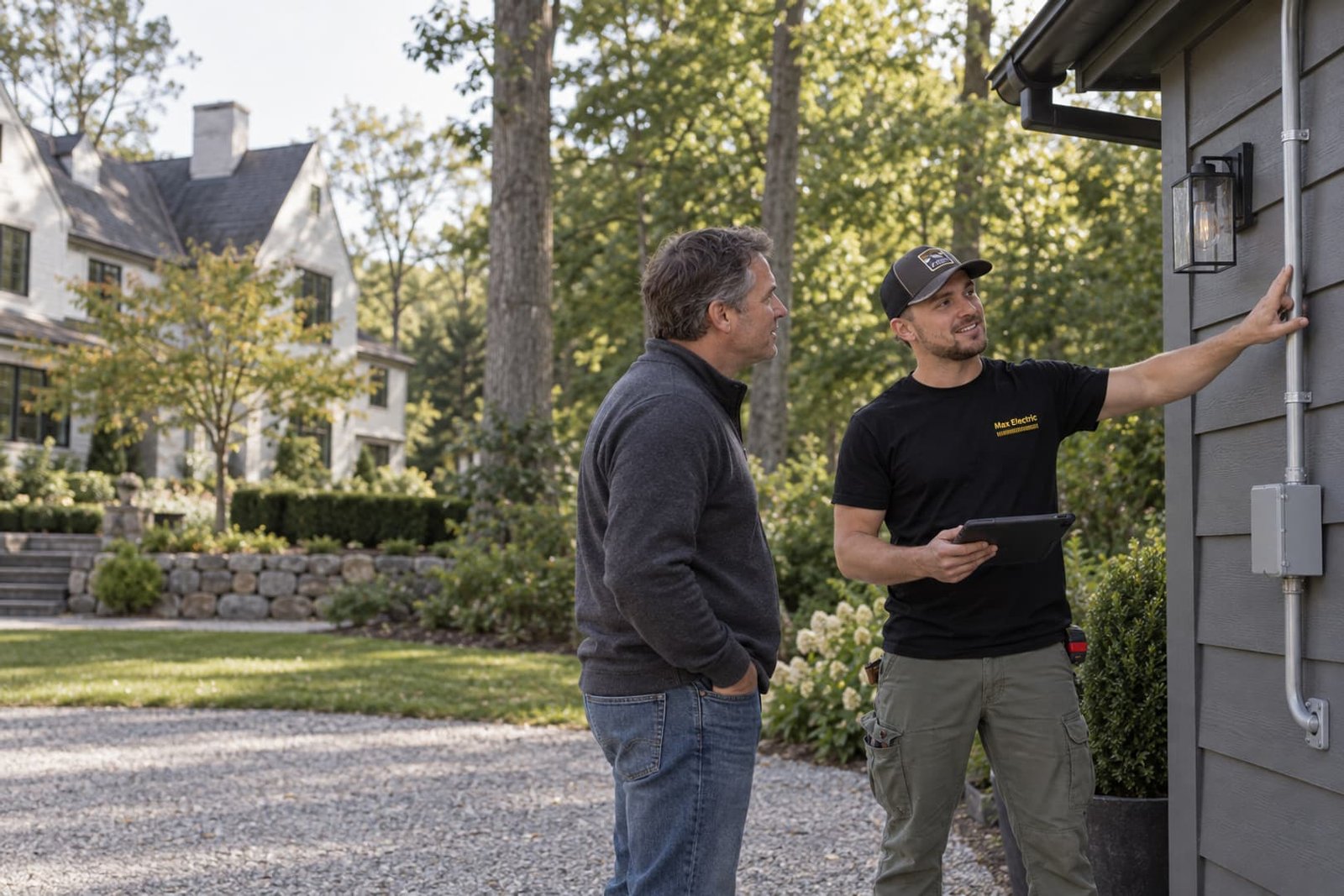 Electrician and homeowner discussing an exterior electrical route