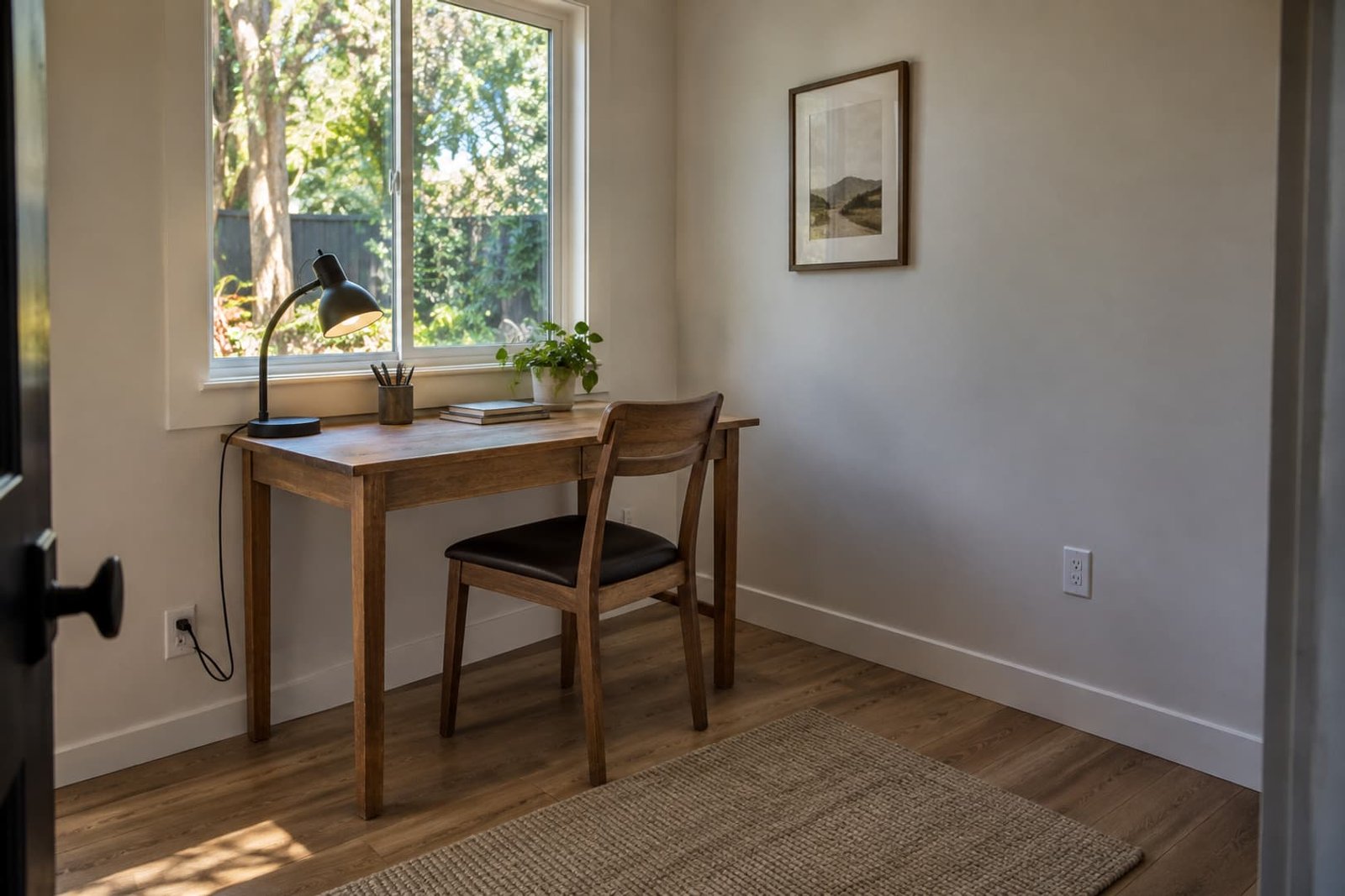 Detached workspace with lighting and electrical outlets