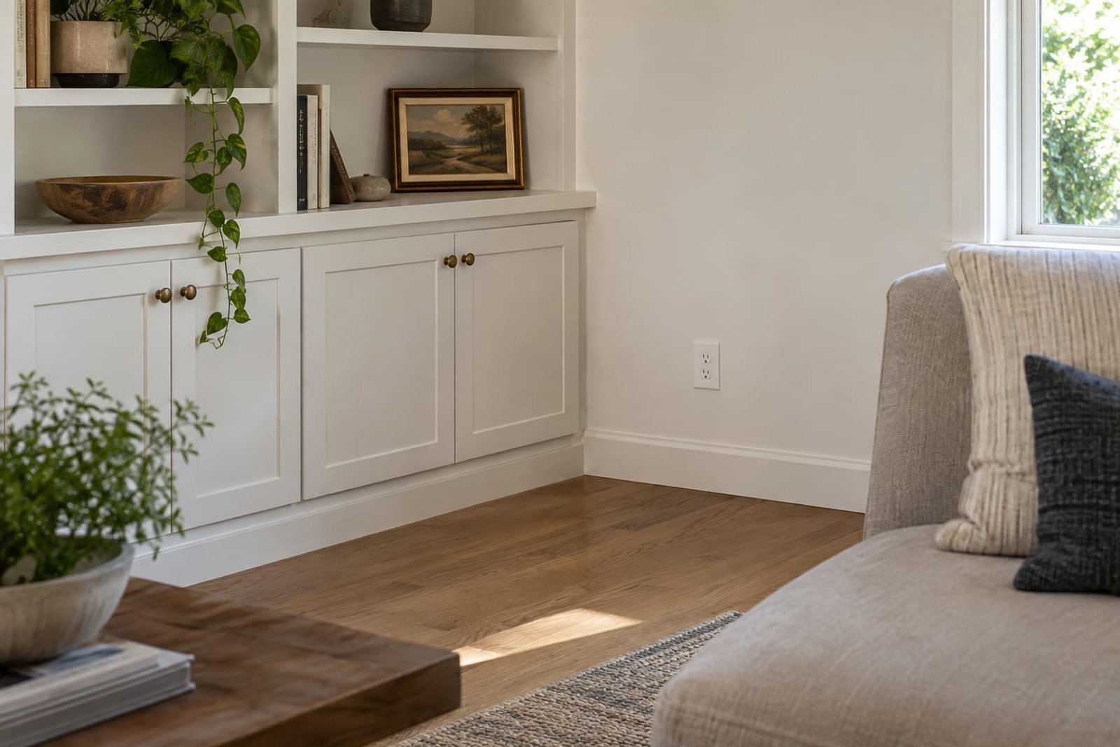 Finished living area with cabinetry and electrical outlets
