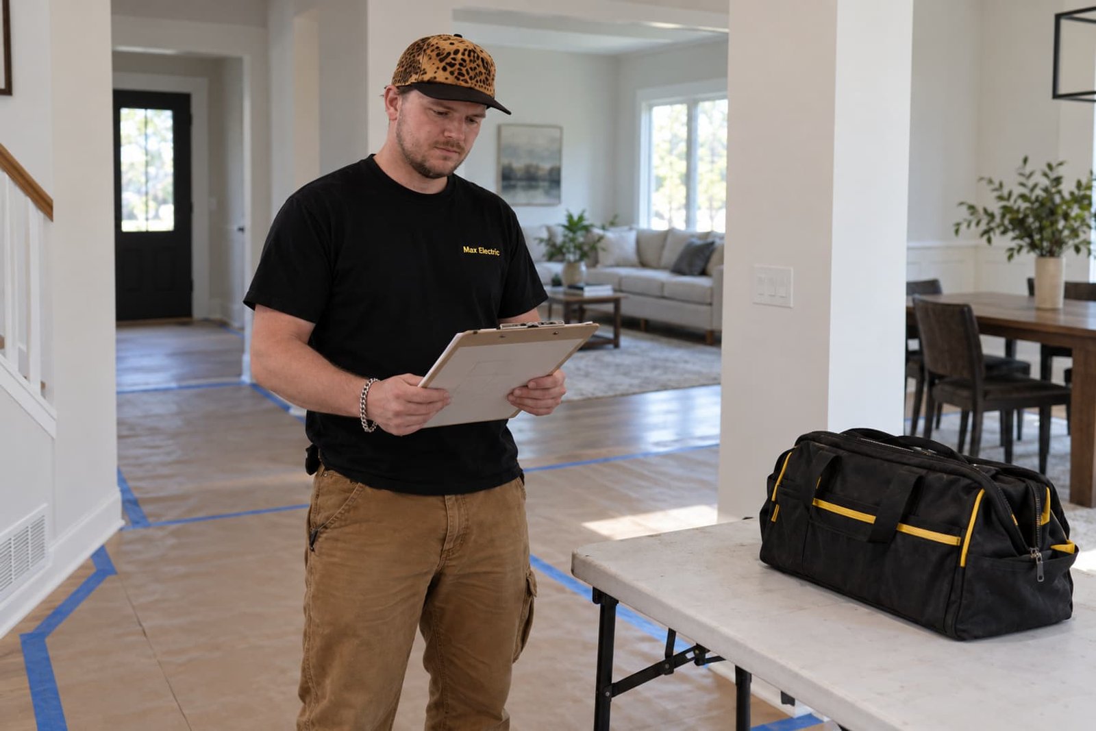 Electrician reviewing the installation plan in a protected work area