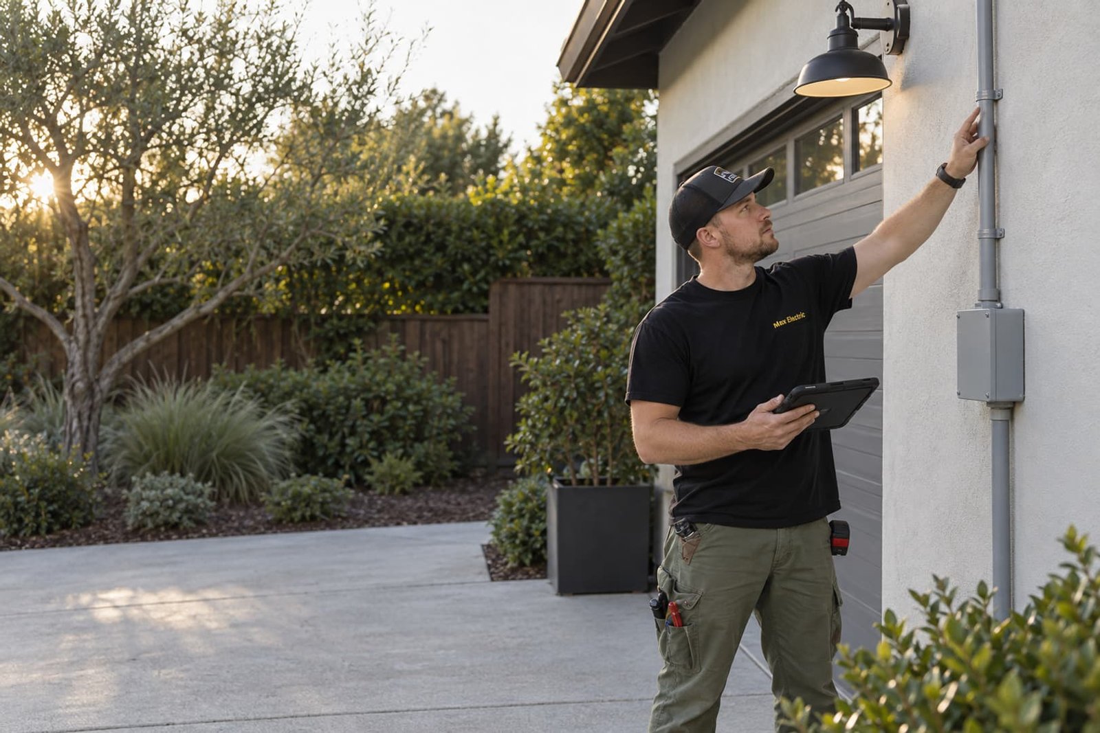 Electrician looking at an exterior conduit route