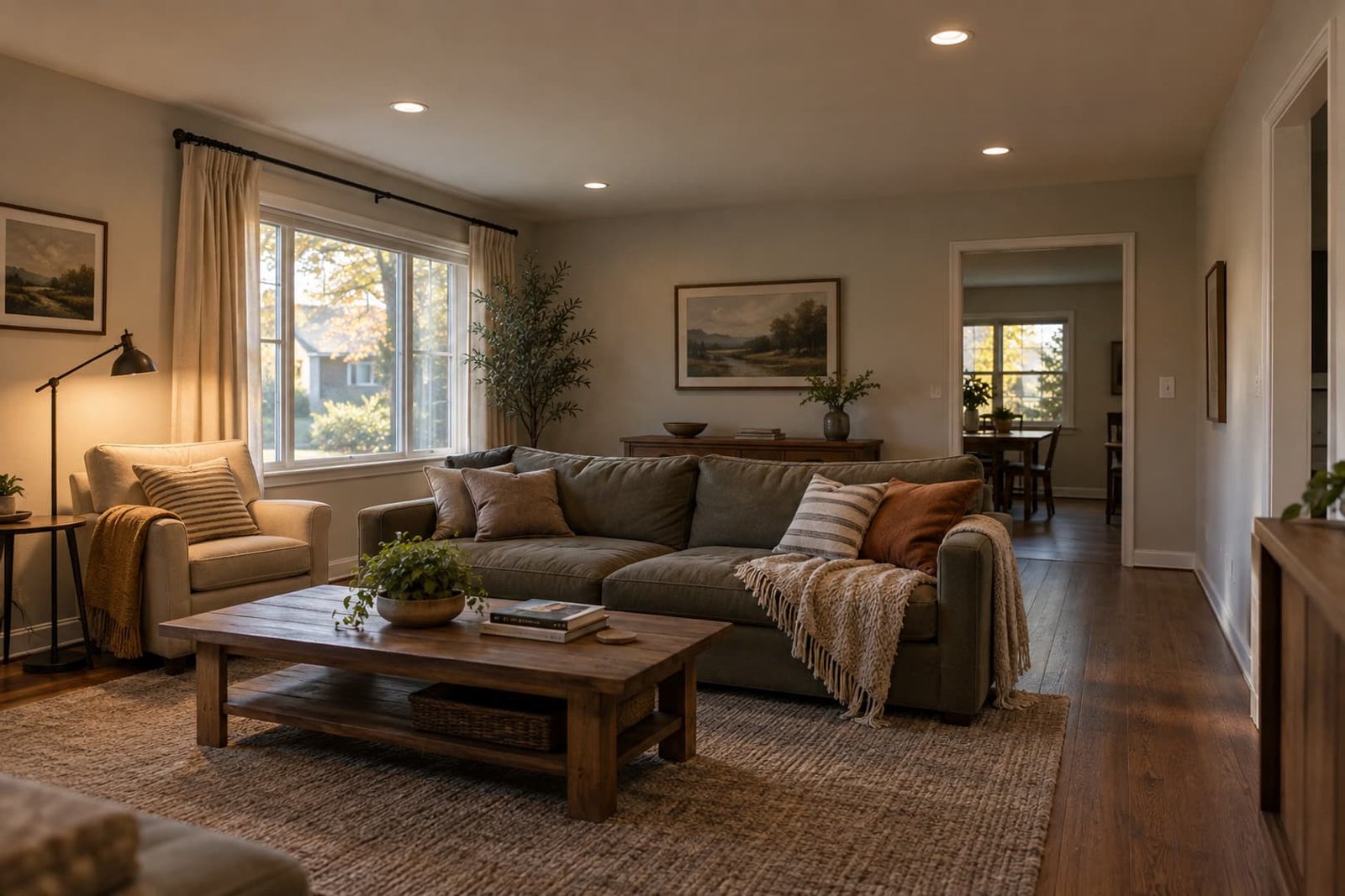 Completed living space with layered lighting