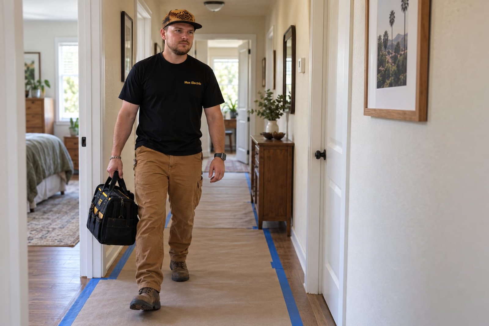 Electrician entering a protected work area in an occupied home