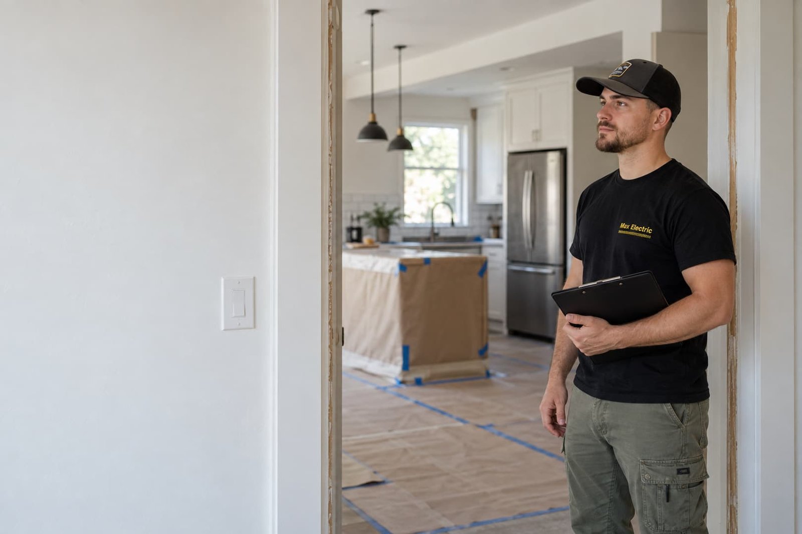 Electrician reviewing a room during a renovation