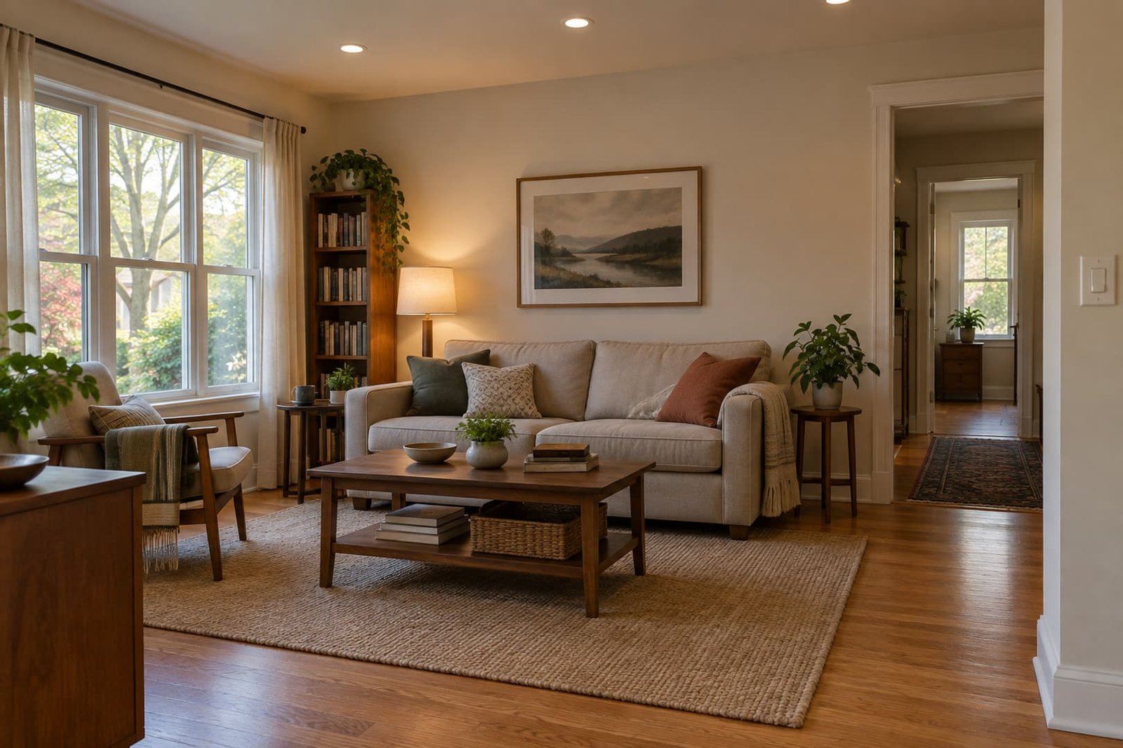 Living room with installed ceiling lighting and wall control