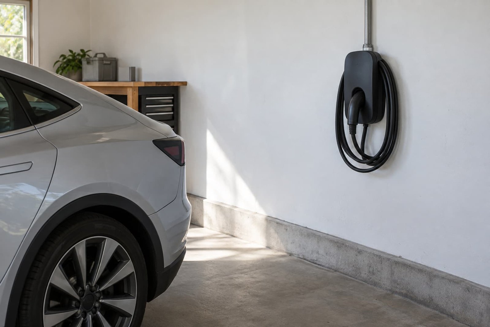 Home EV charging position beside a garage parking space
