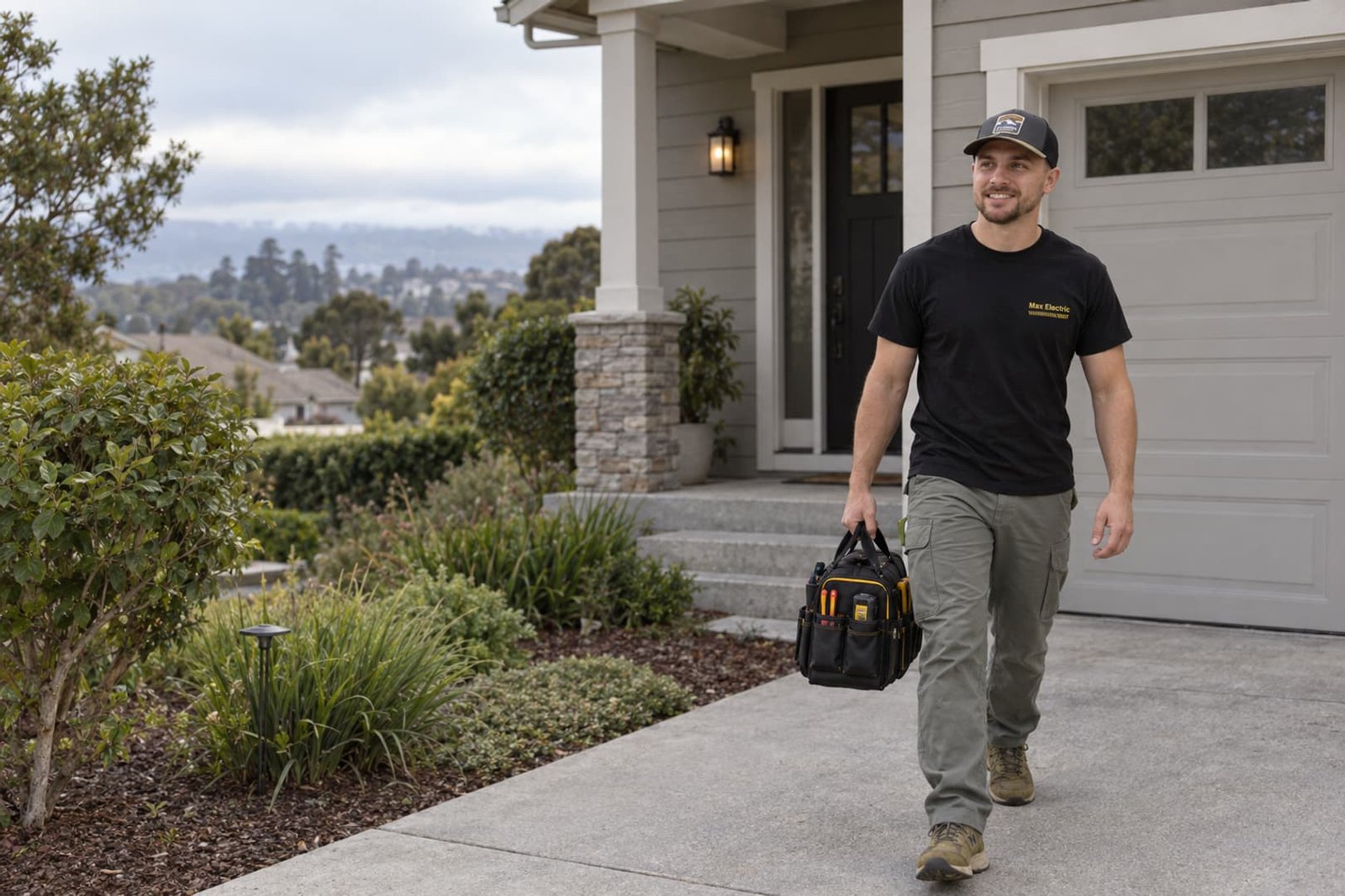 Electrician arriving at a home with a tool bag