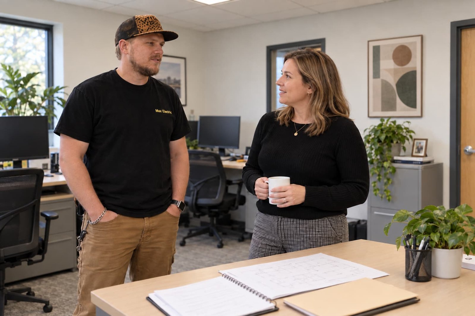 Electrician discussing planned work with an office manager