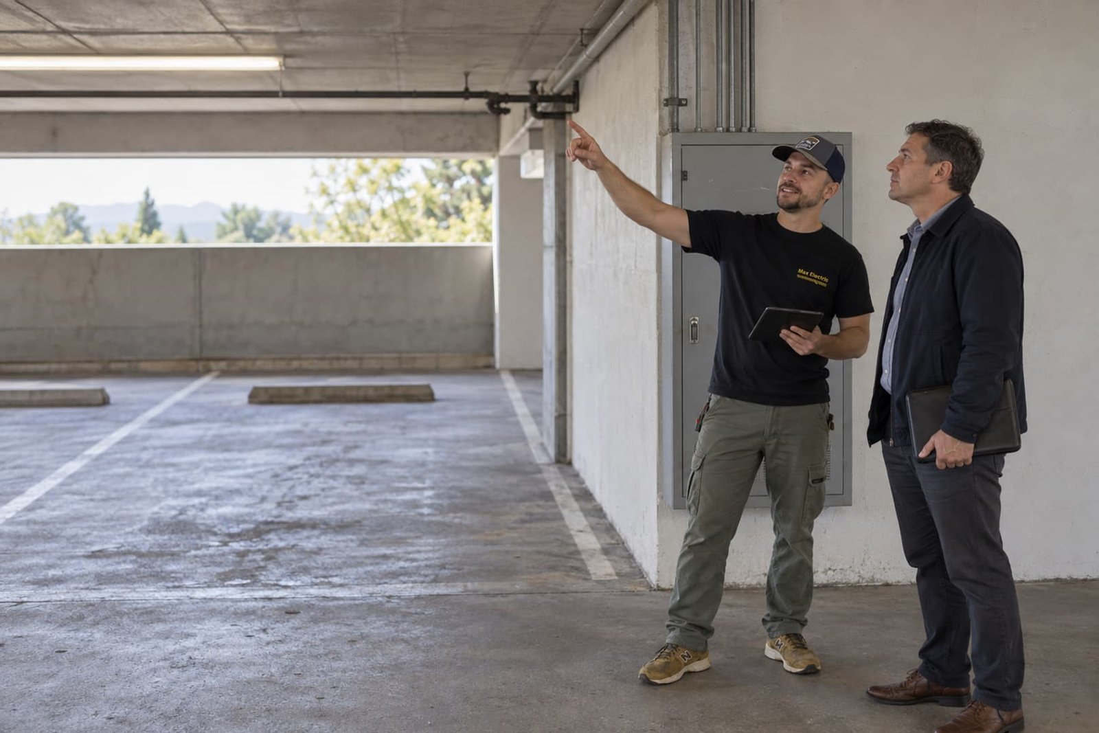 Electrician and property manager reviewing a shared garage