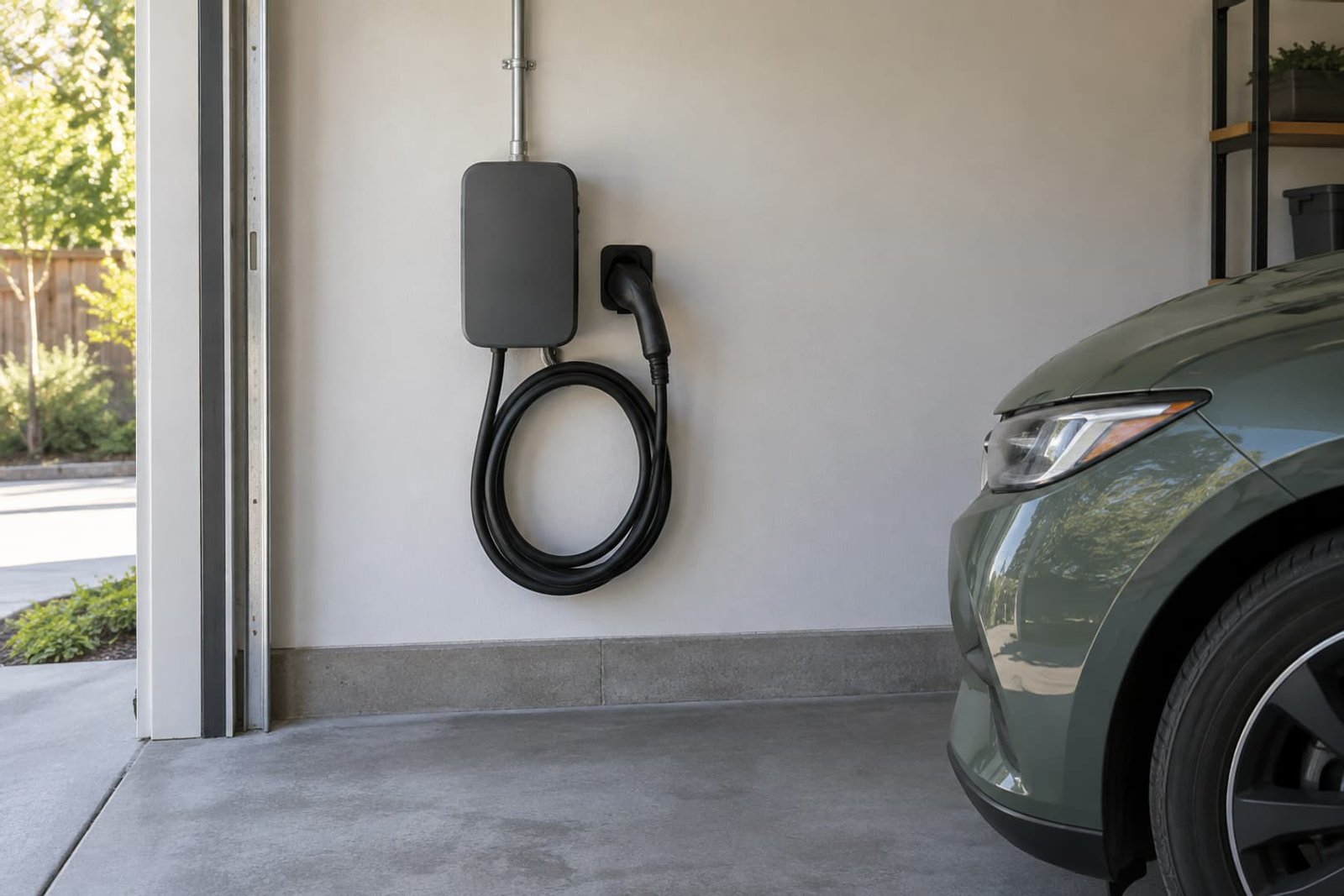 Wall charger beside a residential garage parking space
