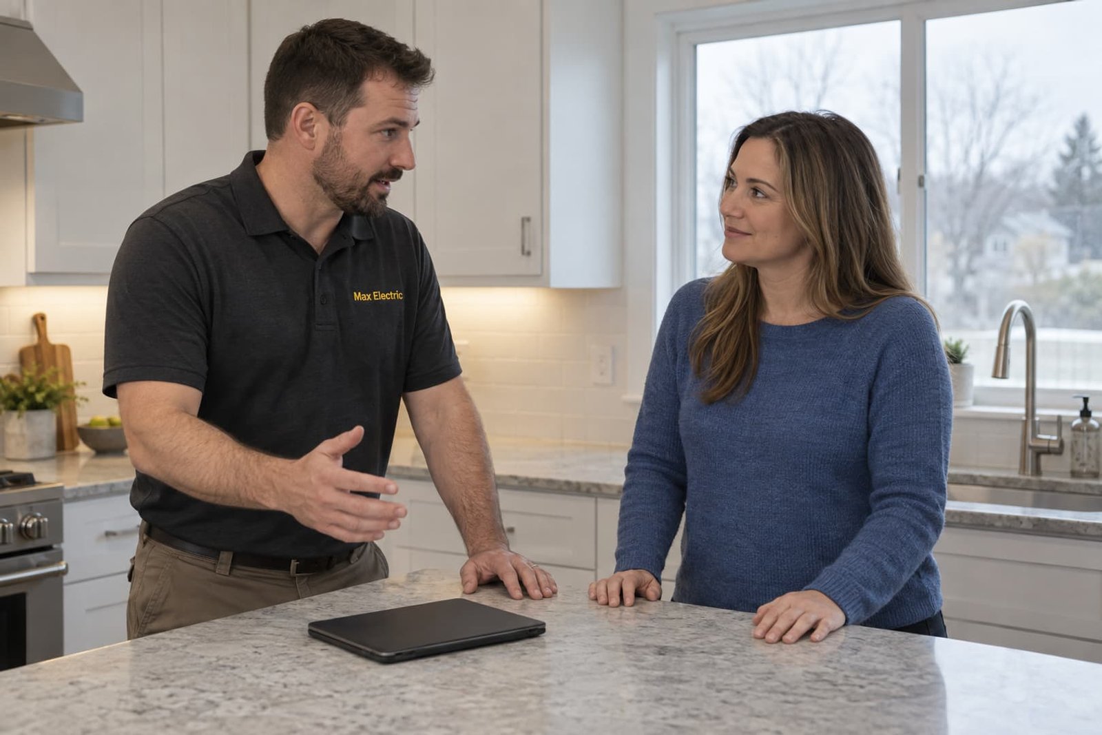 Electrician and homeowner discussing an electrical project in a kitchen