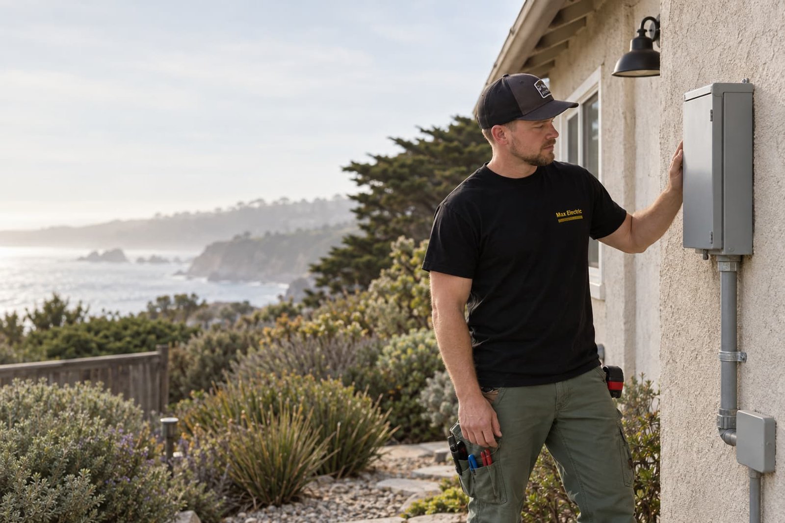 Electrician visually checking exterior electrical equipment