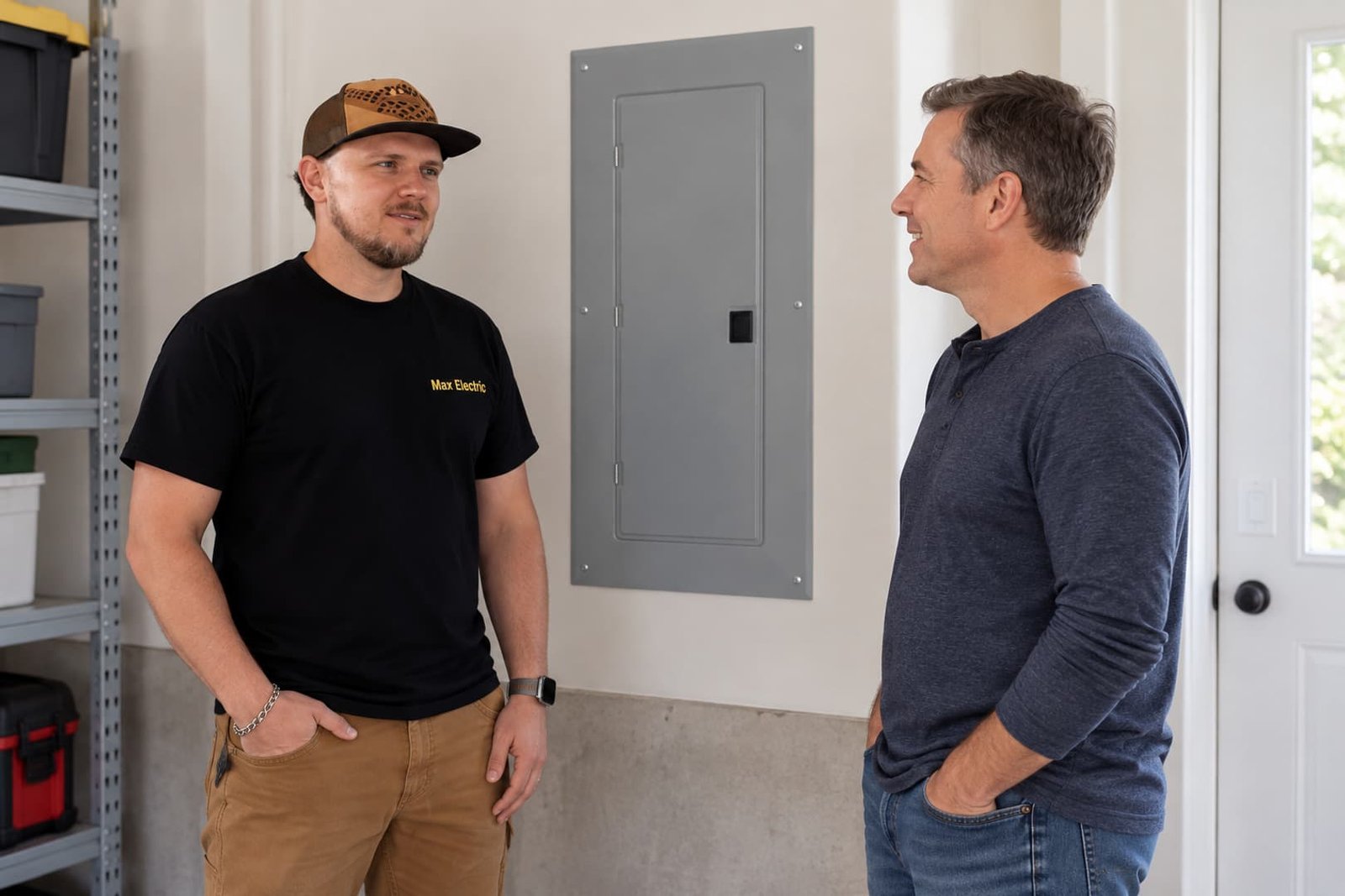 Electrician explaining installed electrical equipment