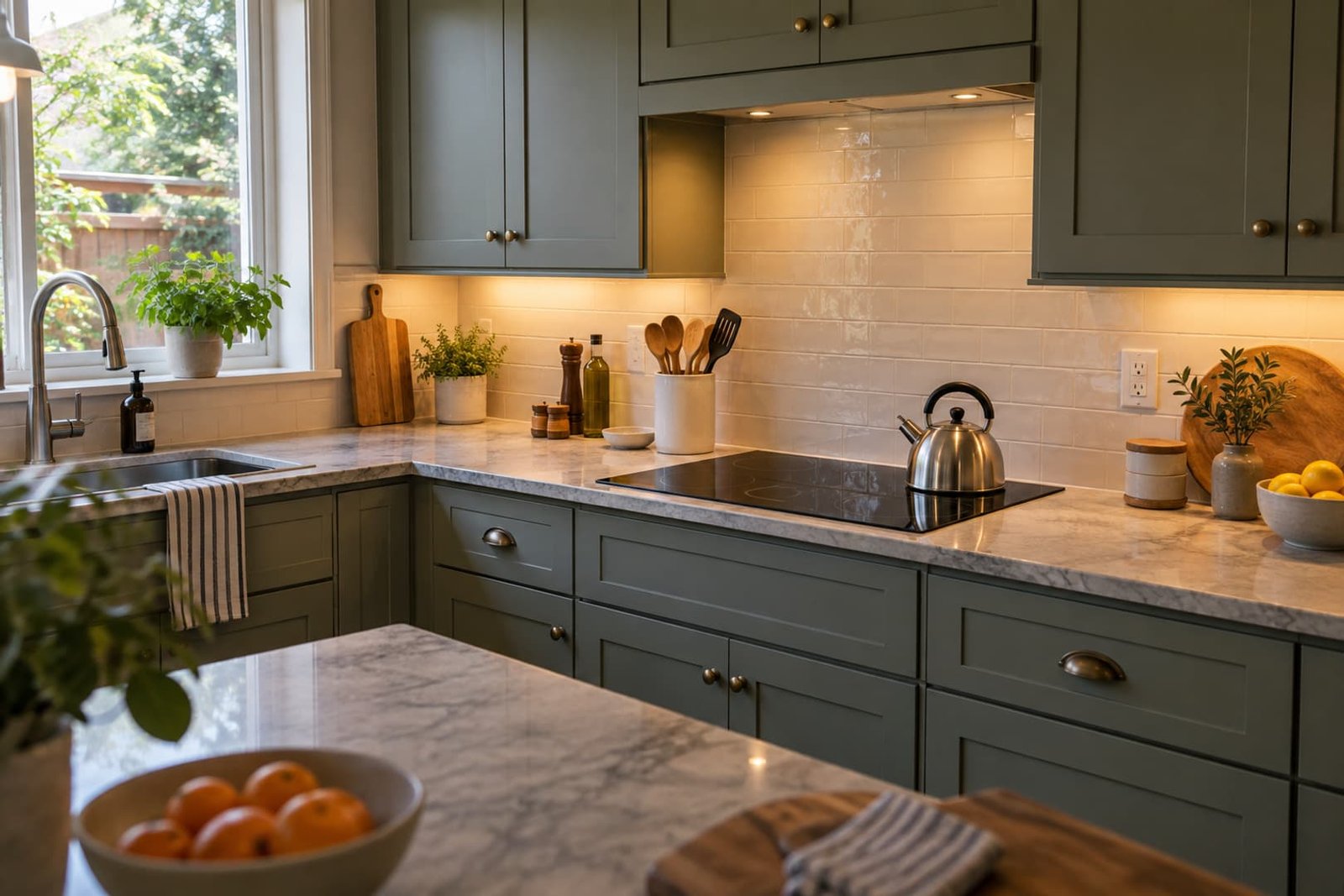 Kitchen with electric cooking and under-cabinet lighting