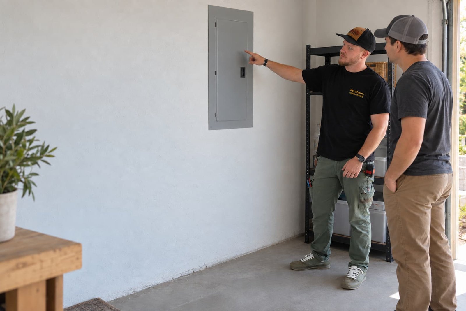 Electrician explaining a closed panel to a homeowner