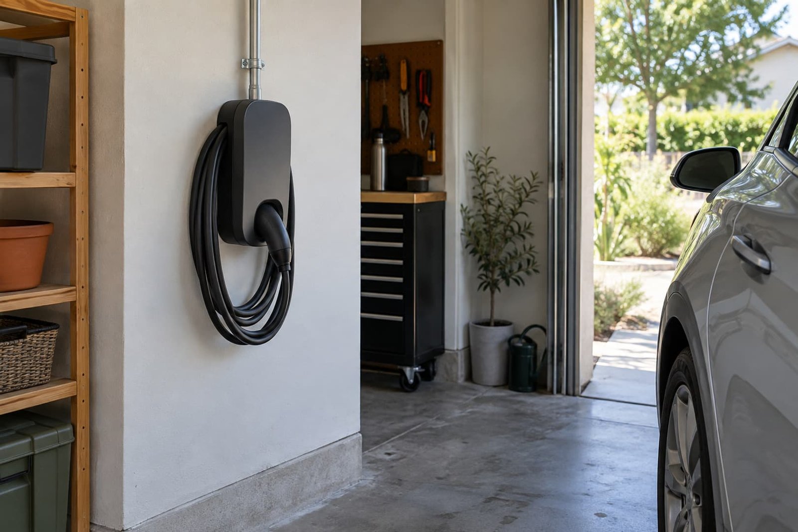 Wall-mounted EV charger beside a garage parking space