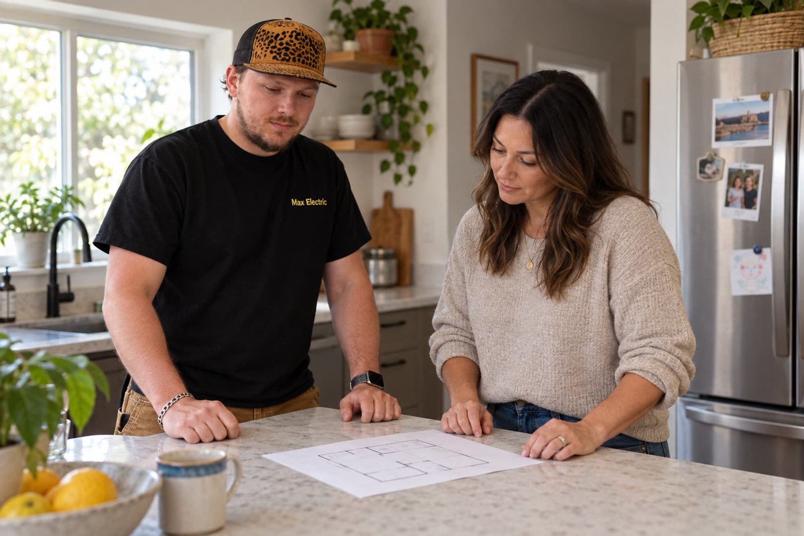 Homeowner and electrician discussing wiring routes on a floor plan
