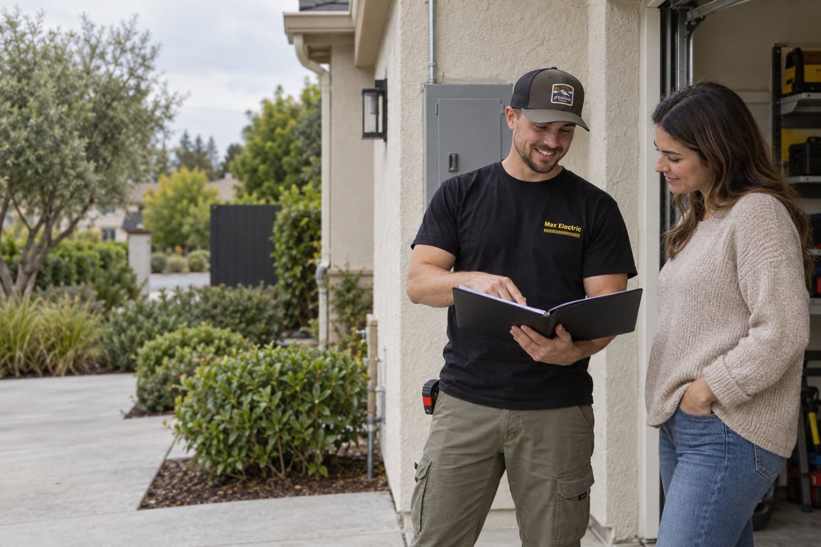 Electrician and homeowner discussing a garage electrical project