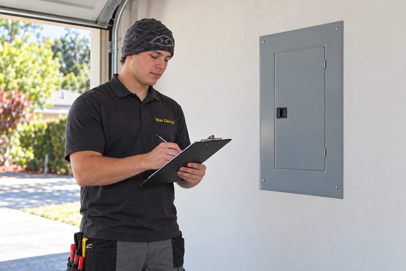 Electrician recording observations beside a closed panel