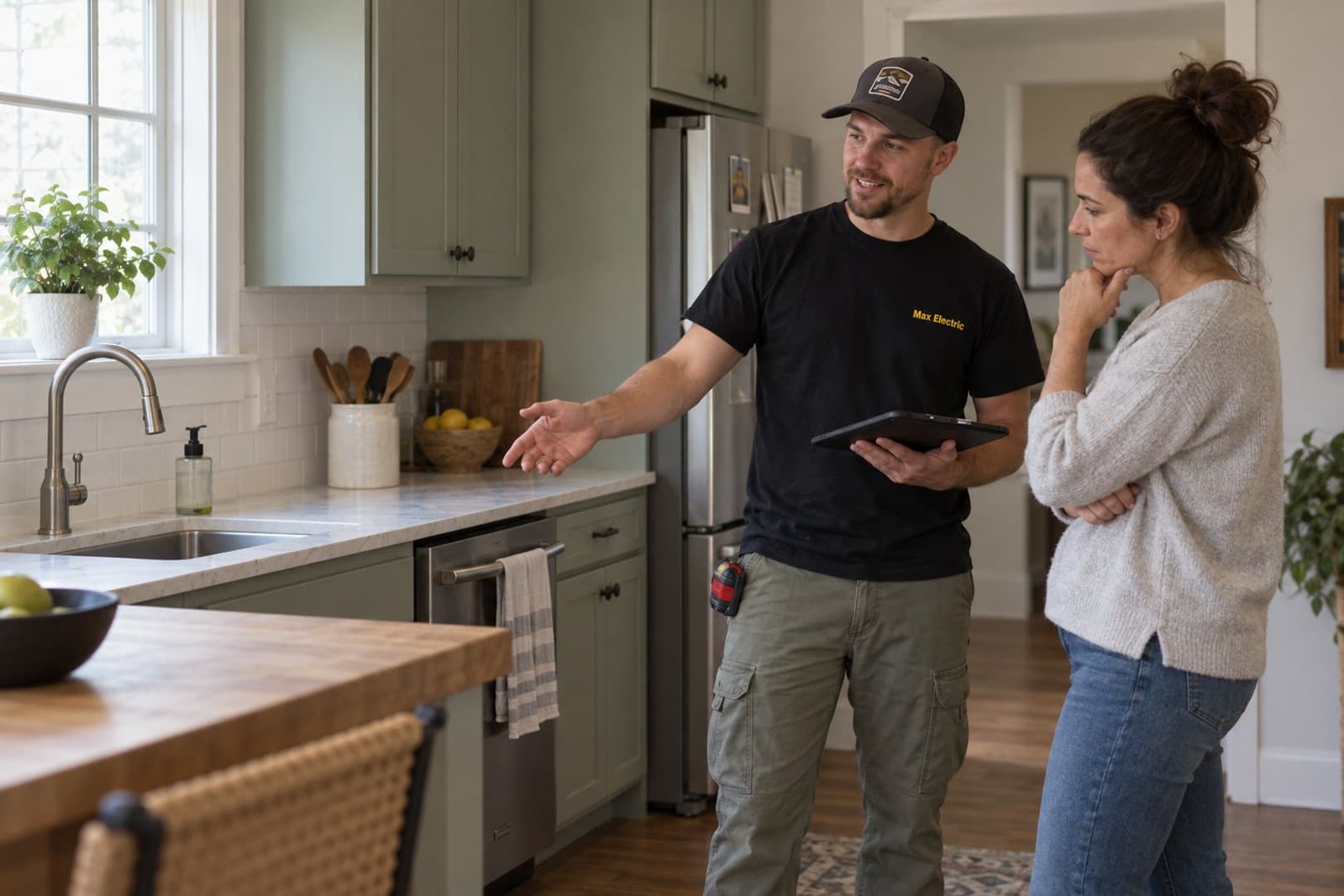 Electrician and homeowner discussing kitchen electrical needs