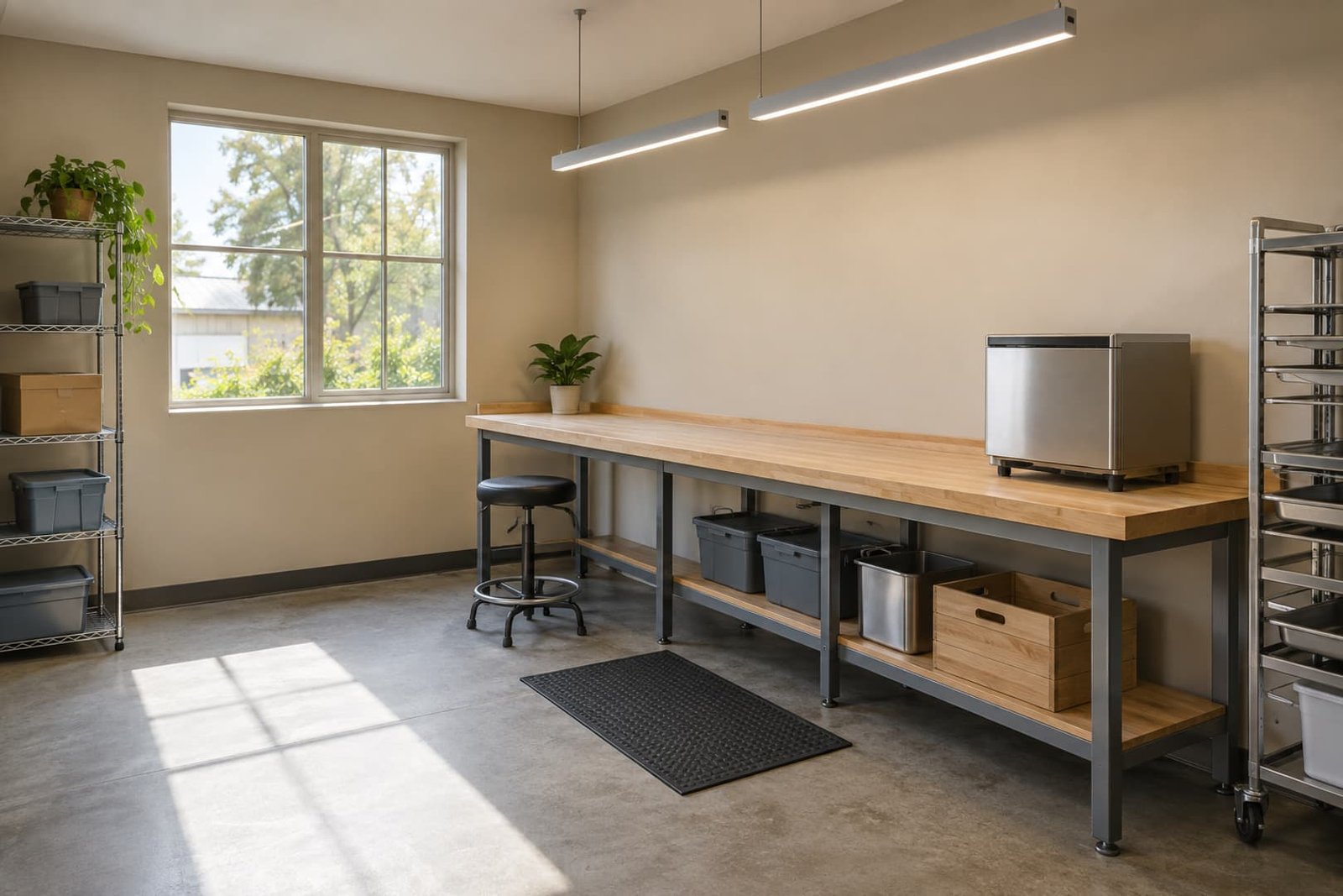 Lighting and equipment area in a small commercial workspace
