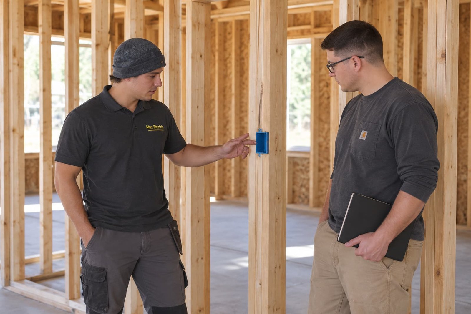 Electrician and carpenter discussing device locations before wall closure