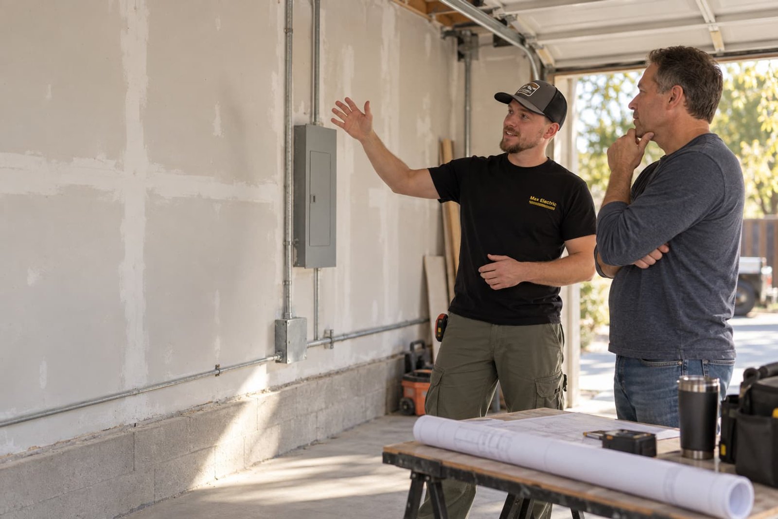 Electrician discussing a garage wiring plan with a homeowner