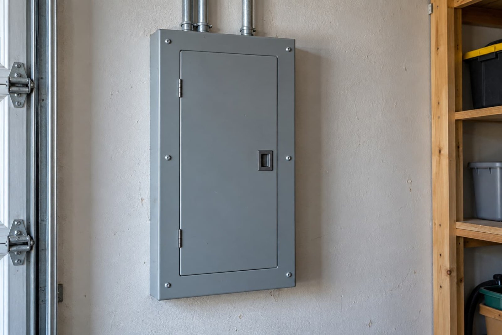 Closed electrical panel in a residential garage