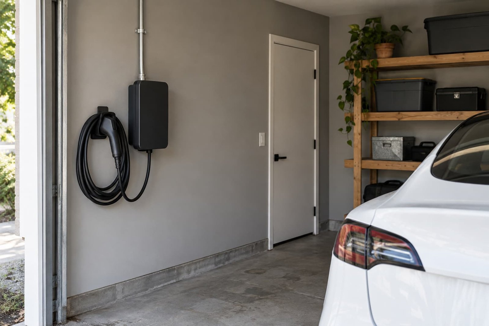 Residential wall charger with its cable stored clear of the floor