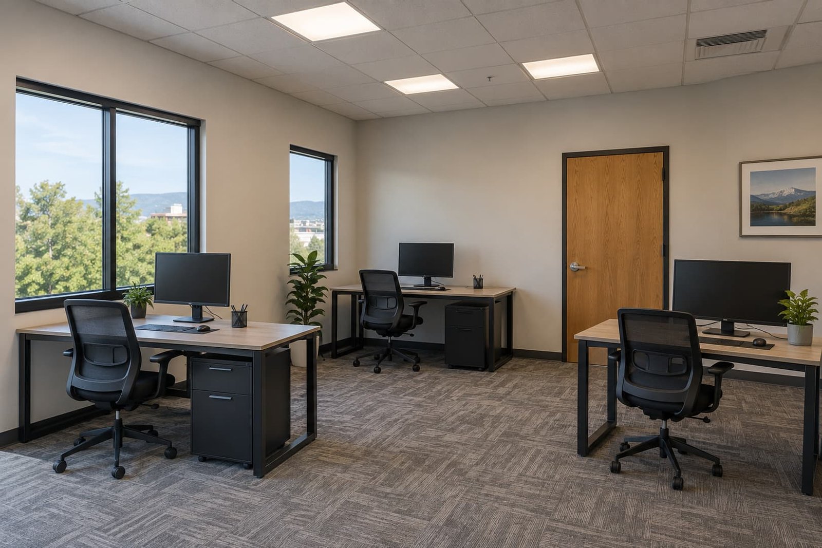 Office interior with ceiling lighting and arranged workstations