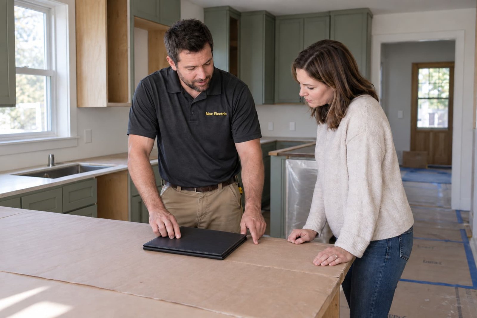 Electrician and homeowner discussing a kitchen renovation