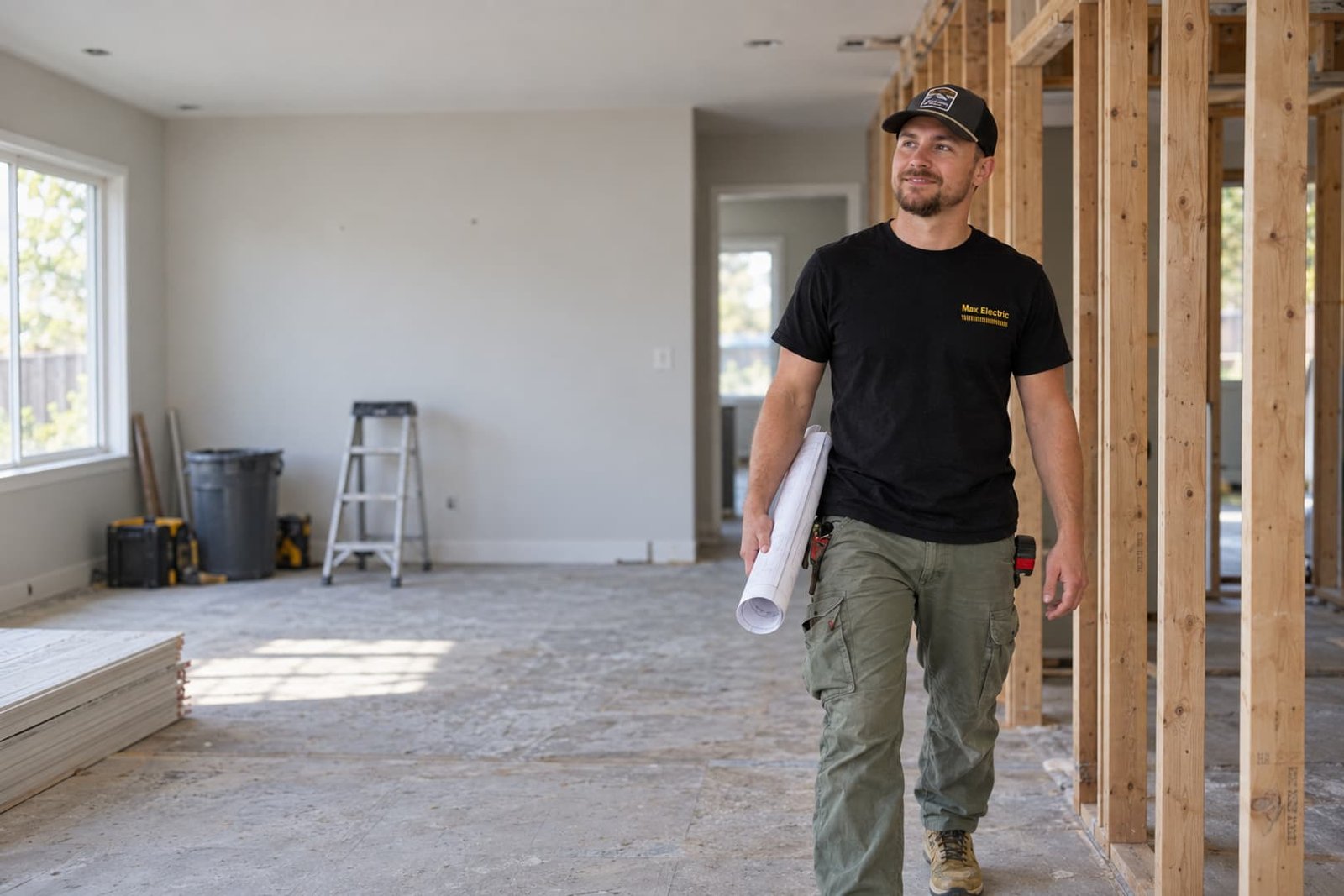 Electrician reviewing plans during a home renovation