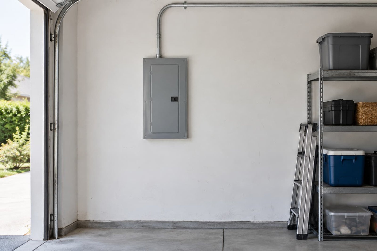 Closed electrical panel and conduit in a garage