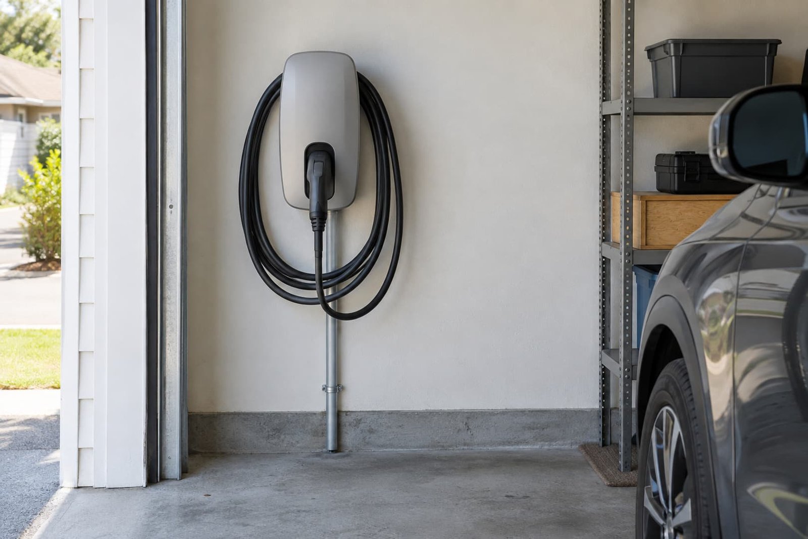Wall-mounted EV charger with neatly stored cable