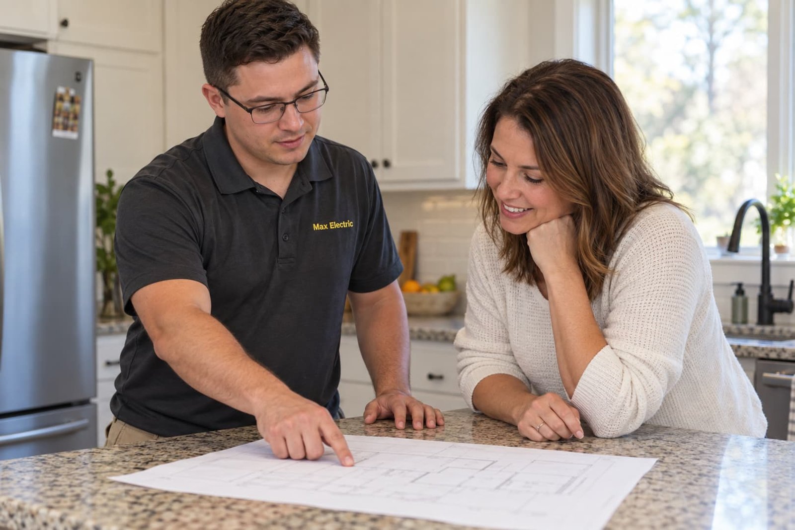 Electrician reviewing kitchen equipment locations