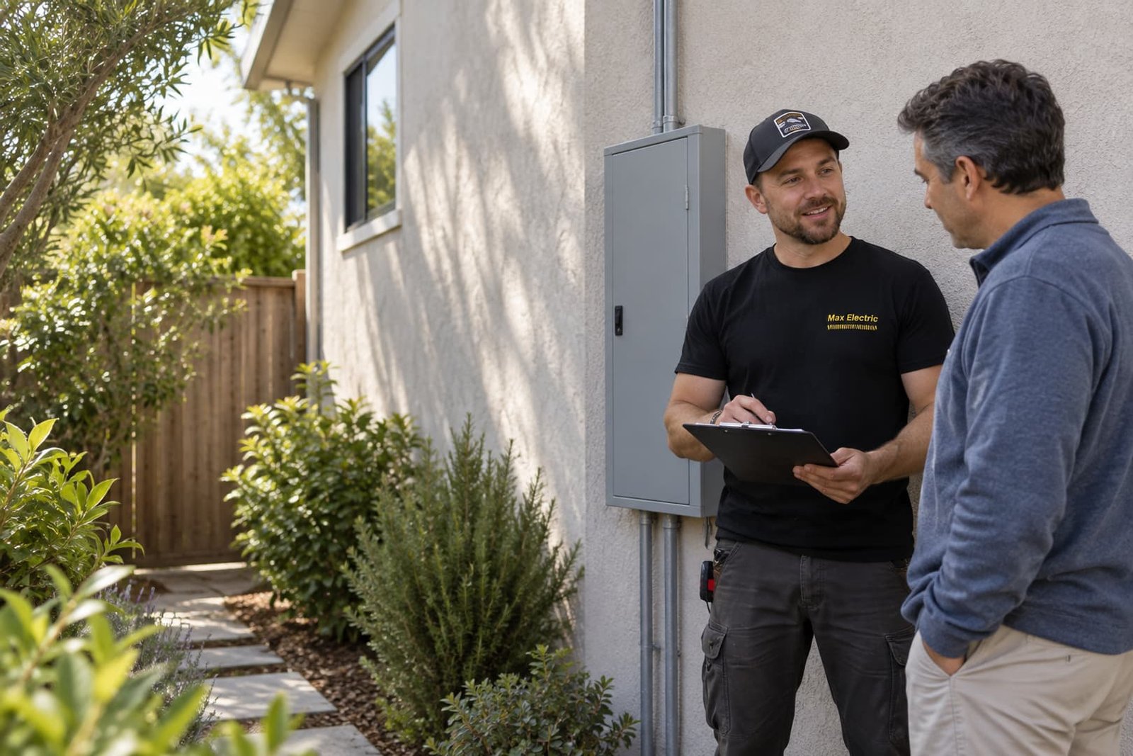 Electrician discussing electrical work with a homeowner beside a closed panel