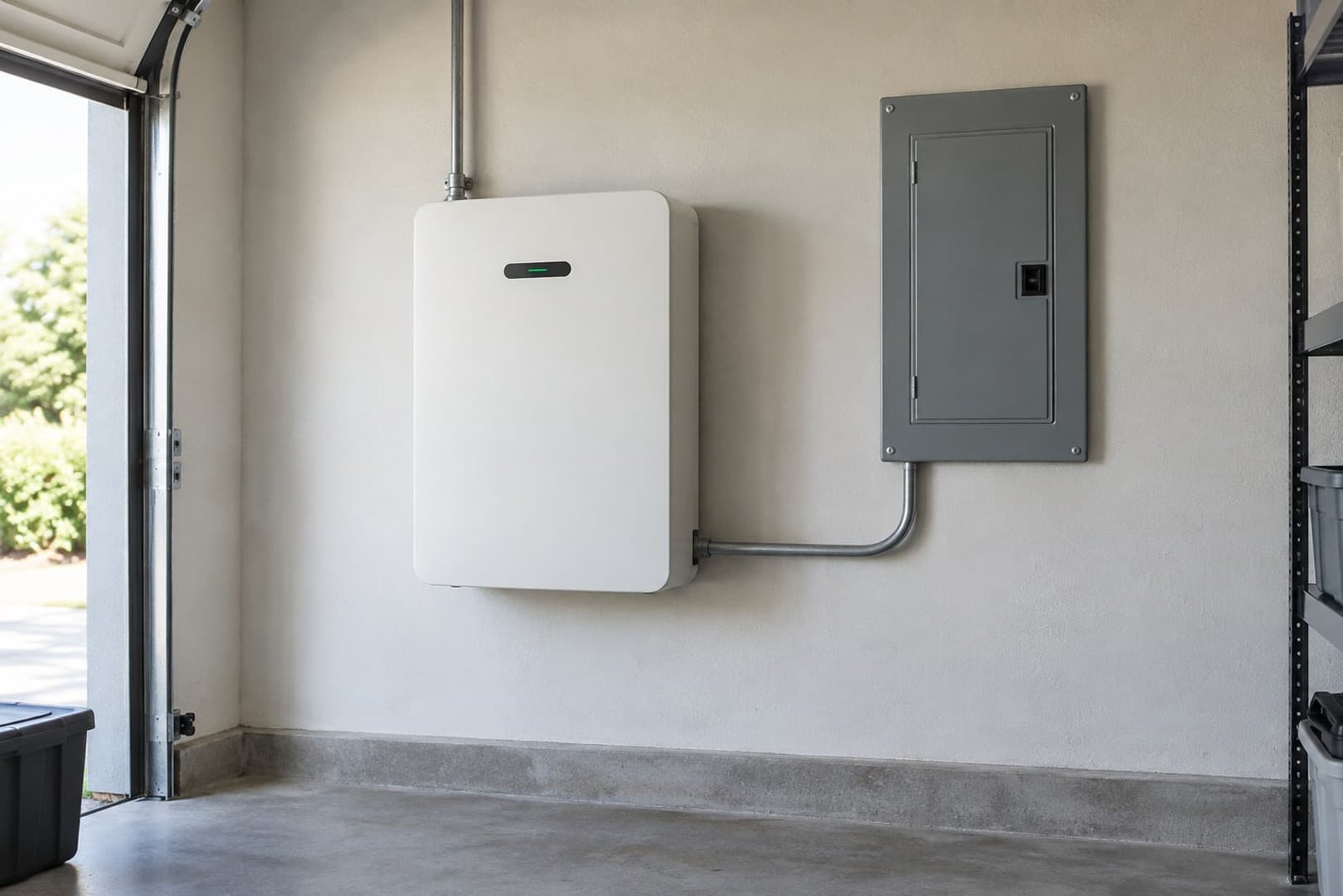 Wall mounted energy storage equipment beside a closed panel