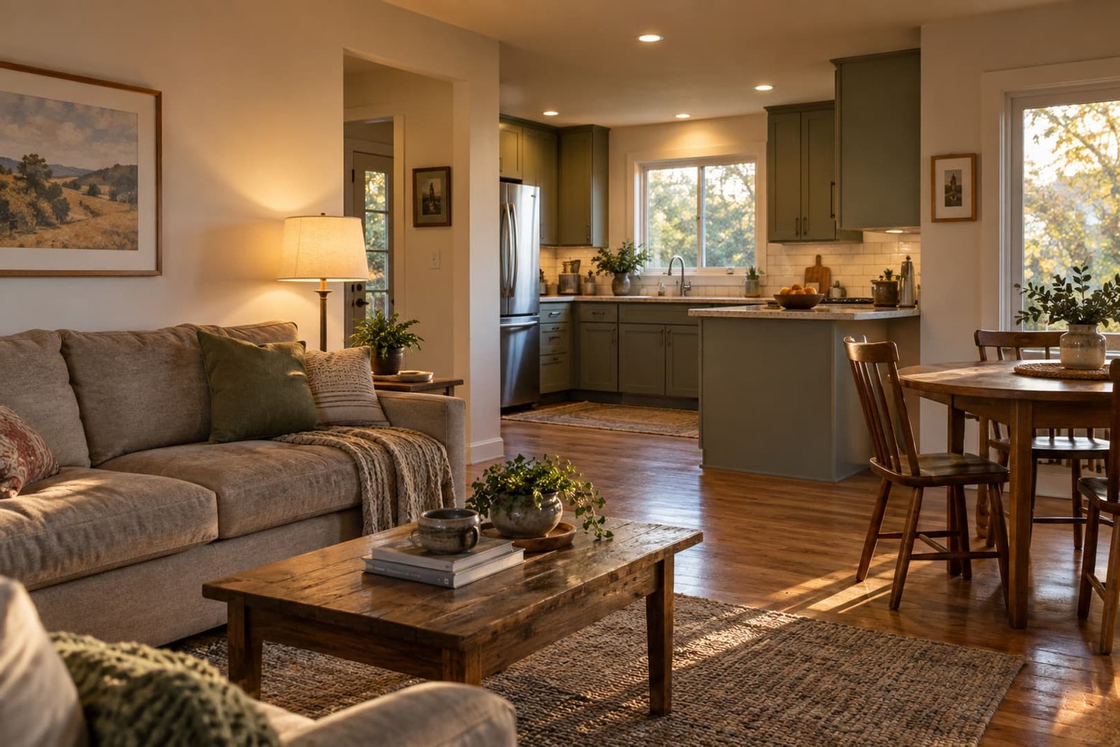 Residential living space with ceiling and kitchen lighting