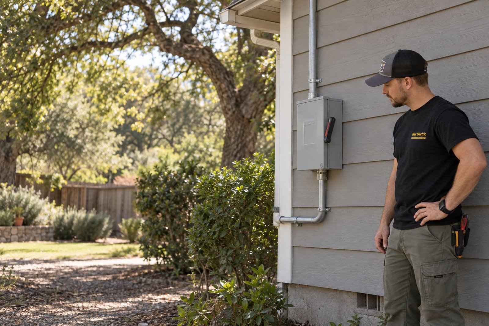 Electrician checking a closed exterior electrical enclosure