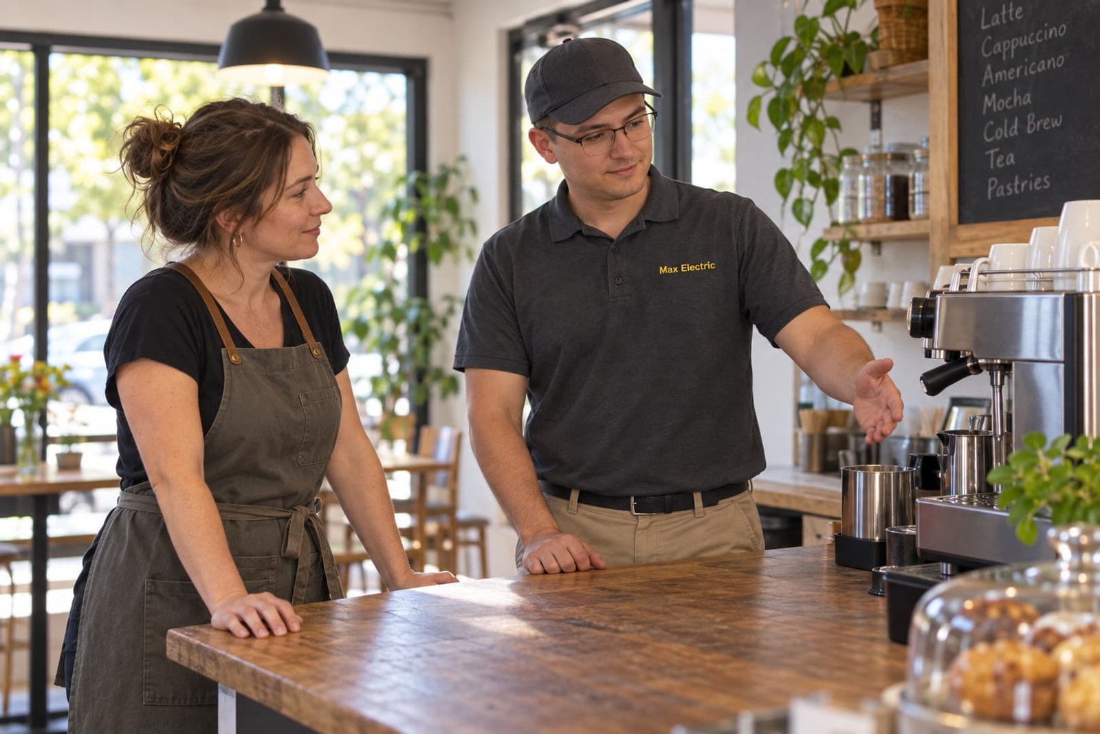 Electrician reviewing equipment placement in a small business