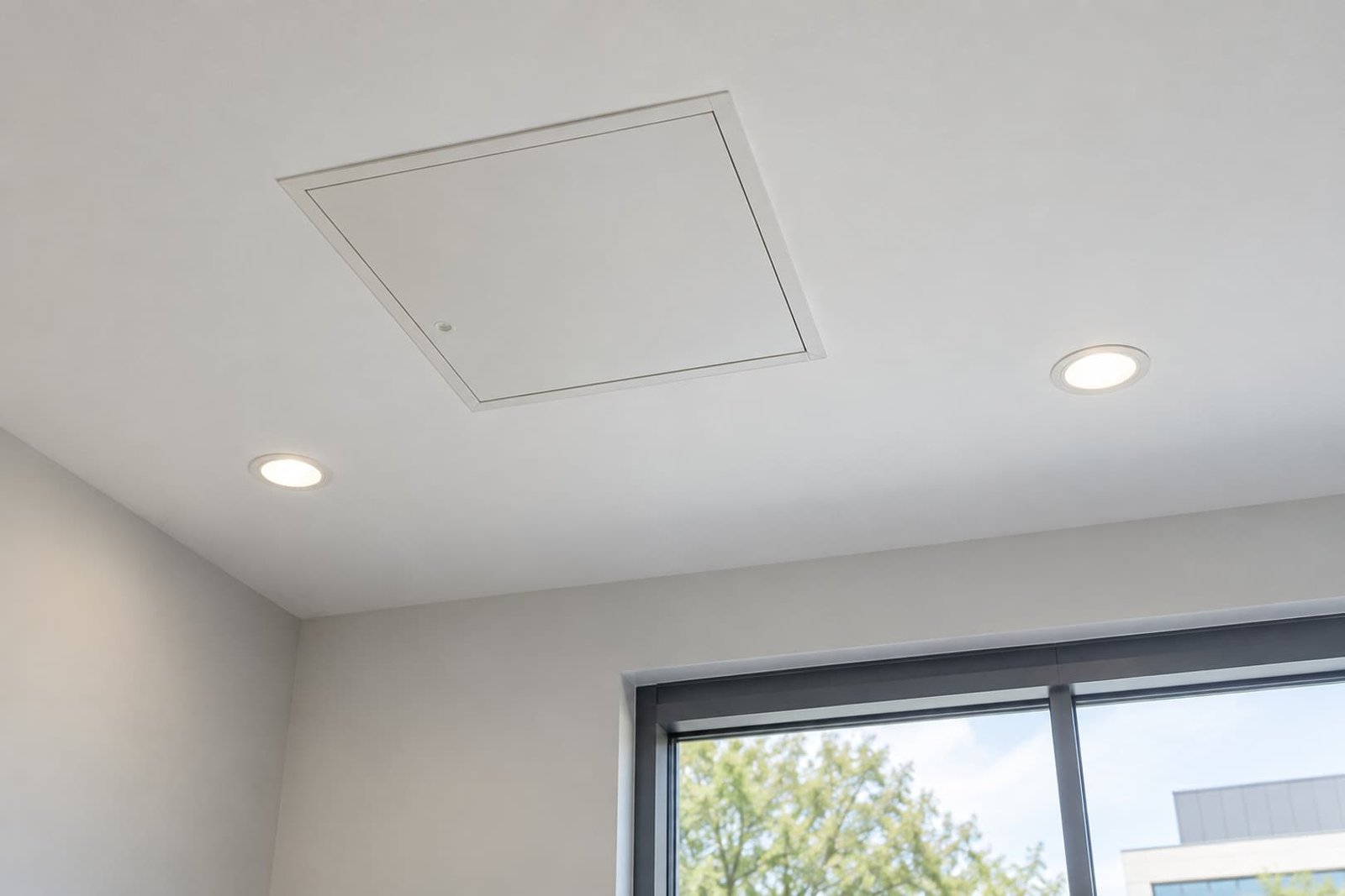Ceiling access panel near installed office lighting
