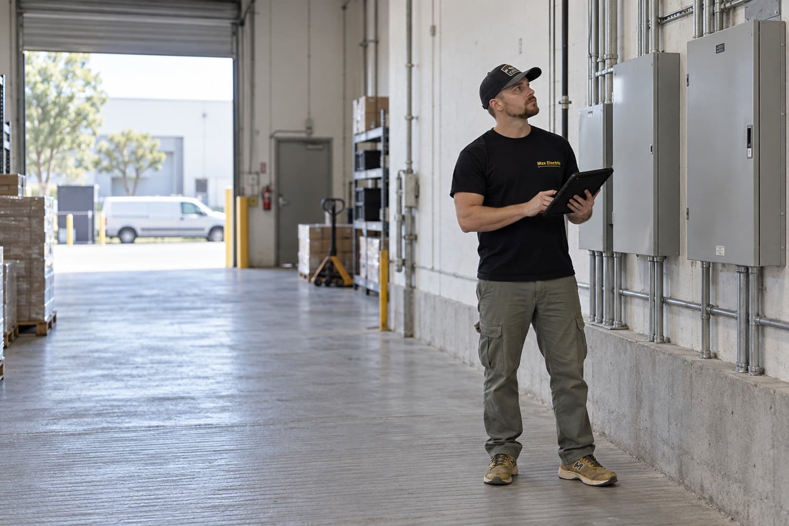 Electrician reviewing distribution equipment in a commercial work area
